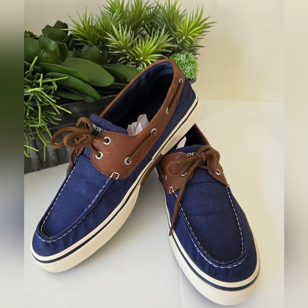 Sperry Halyard 2 Eye Boat Shoes Navy Denim Leather Trim MN 13 Wide Preppy Casual - Picture 3 of 12